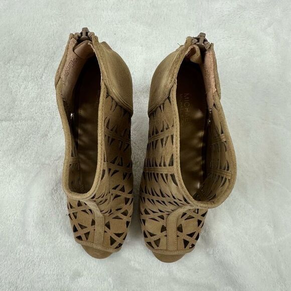 Michael Kors Sz 7.5 Ivy Open Toe Suede Leather Heel Bootie‎ Tan Diamond Lasercut - Picture 7 of 10